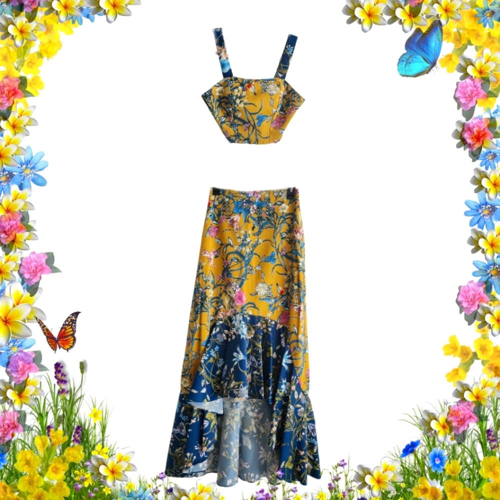 Floral Skirt Matching Set, by Colombian fashion Liliana Meza, XS, Yellow & Blue